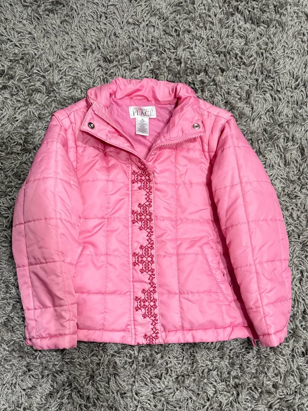 The Children's Place Pink Quilted Puffer Jacket with Embroidered Front